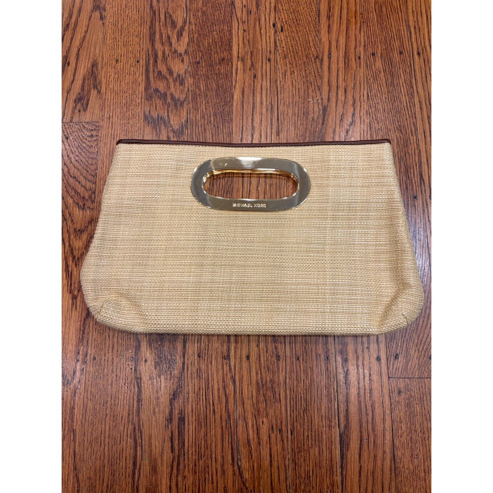 Michael Kors Berkley Straw Clutch Tan Woven Brown Leather Gold Handle